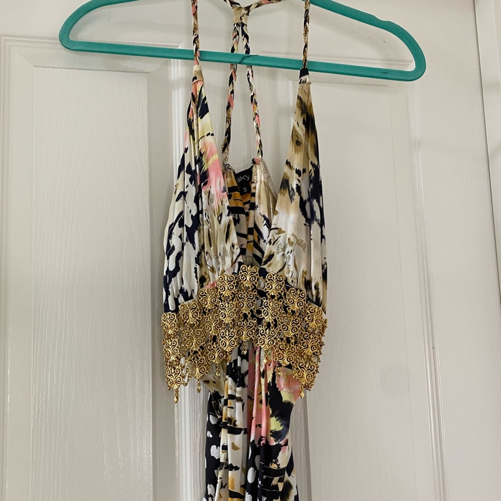 Sky silk top with jeweled waistline - halter